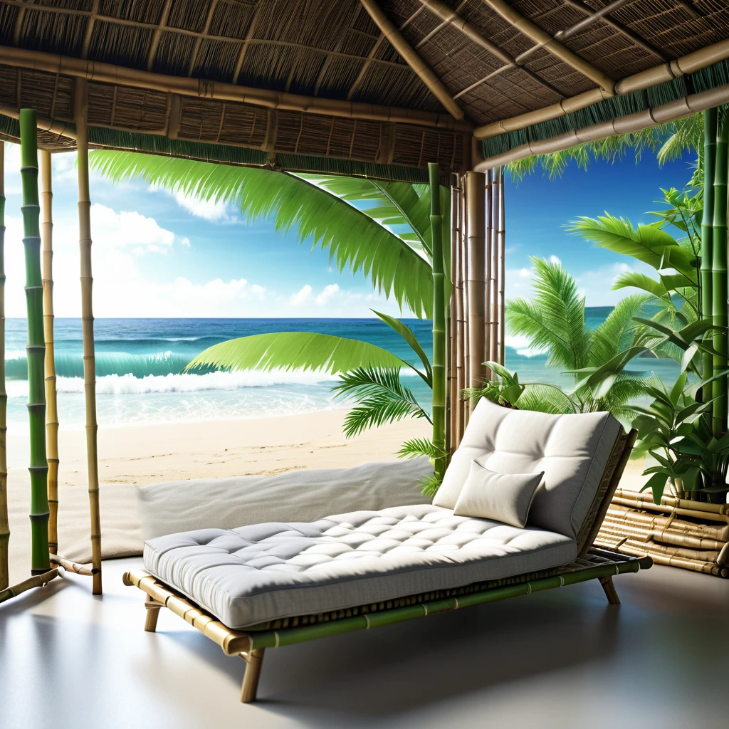 photorealistic tropical beach, ocean waves, small bamboo hut with a futon bed, raw photo, cinematic material, wideview, high detailed, high quality 