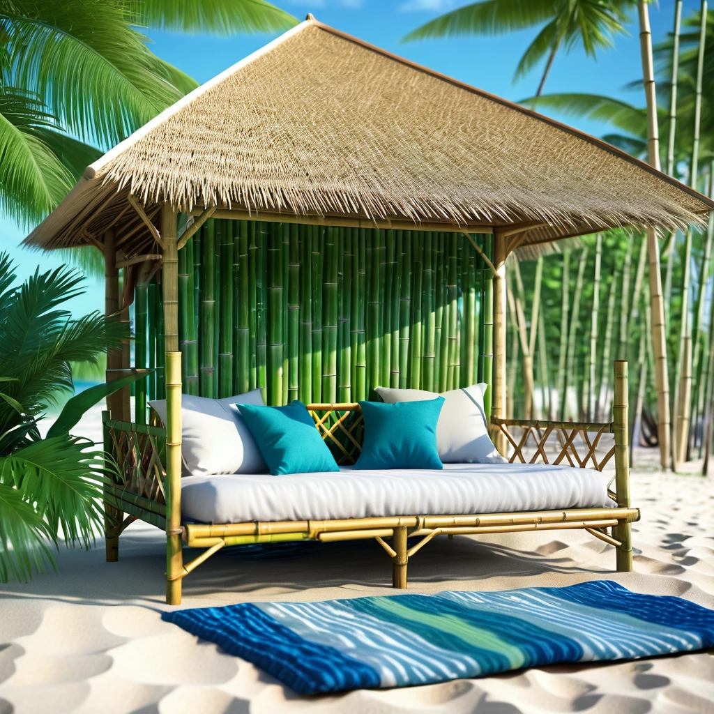 photorealistic tropical beach, ocean waves, small bamboo hut with a futon bed, raw photo, cinematic material, wideview, high detailed, high quality
