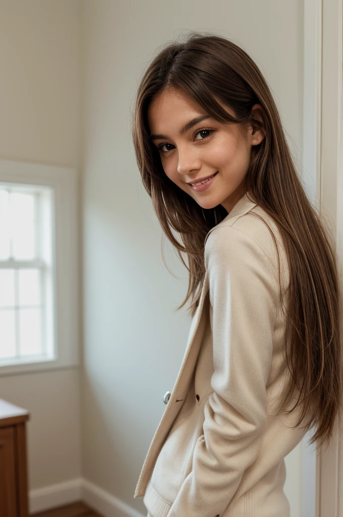 photo of a beautiful girl wearing only a casual jacket and, brown hair with light highlights, in a room, naked, fit body, view from back, medium upper body shot, looking at the camera, cute smile, shallow depth of field