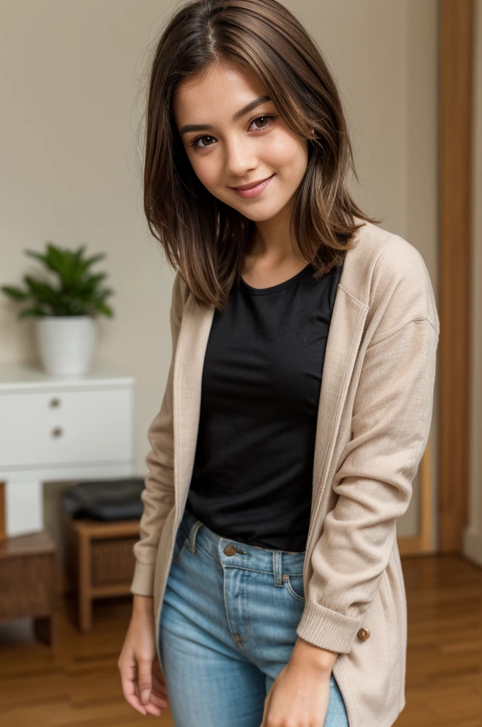 photo of a beautiful girl wearing only a casual jacket and, brown hair with light highlights, in a room, naked, fit body, view from back, medium upper body shot, looking at the camera, cute smile, shallow depth of field