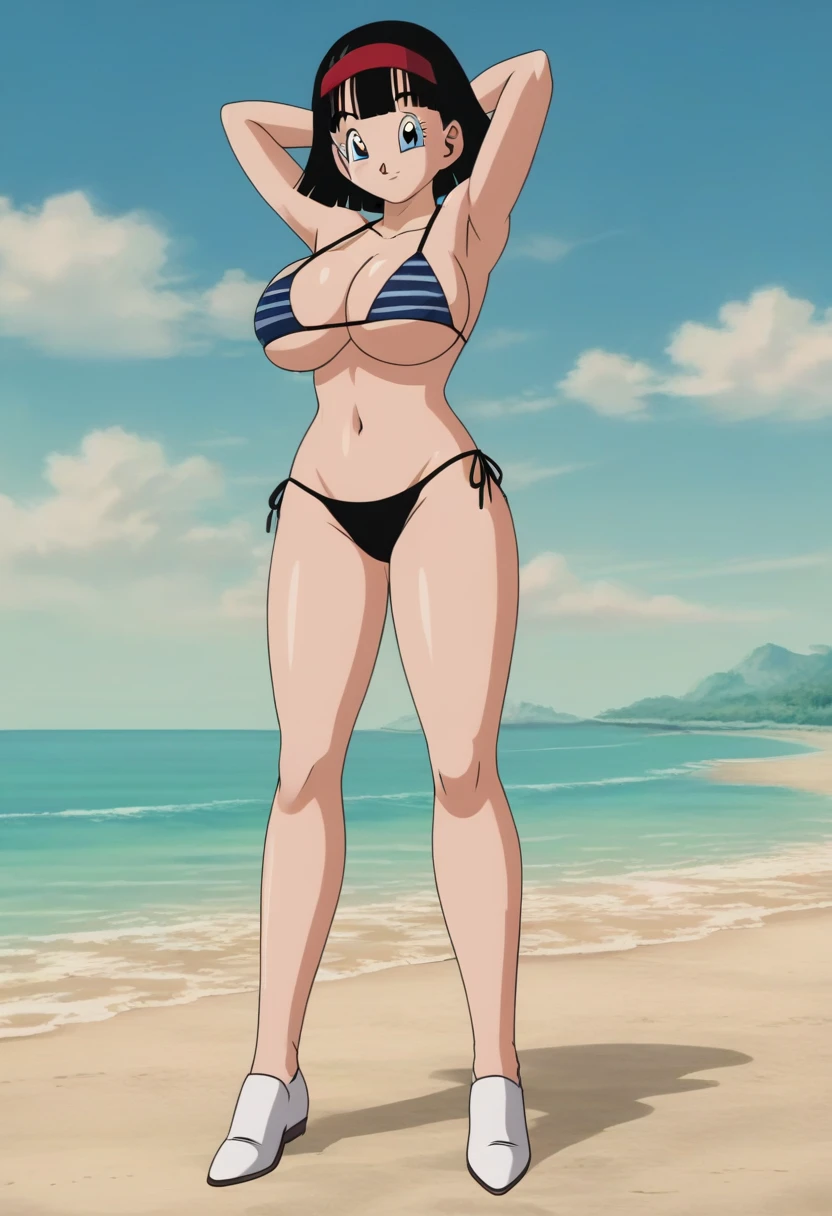 standing, solo, hinata\(boruto\), 1girl, mature female, clothes((frilly, bikini, yellow yellow flowers on her head, no shirt, showing off), sideboob, large breasts, areola slip, cleavage, leaning forward, hanging breasts, curvy, hands up, arms up, looking at viewer, blush, parted lips, light smile, short hair