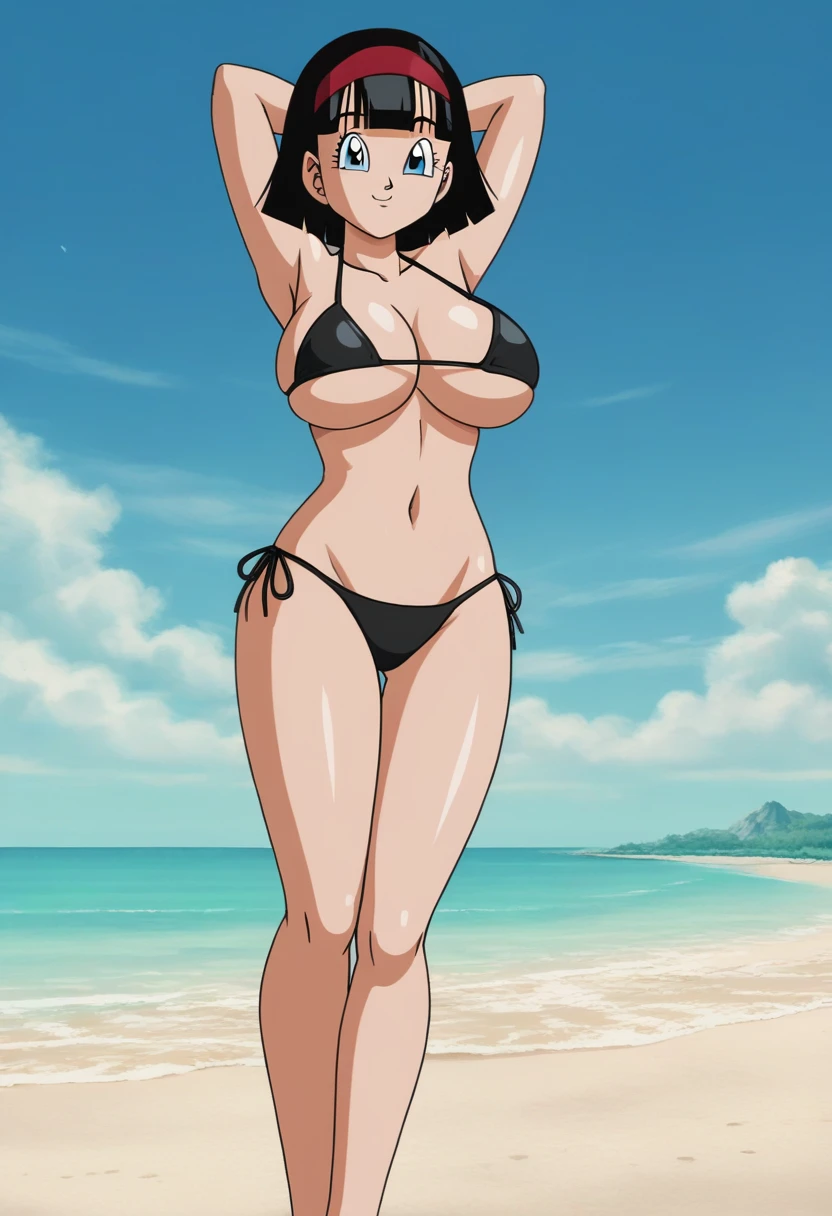 source_anime, score_9, score_8_up, score_7_up, anime screencap,8k, absurd res,
videl, dragon ball super, bob cut, 1girl, solo, breasts, short hair, blue eyes, large breasts, black hair, full body, 
 (extremely detailed CG unity 4k wallpaper),(masterpiece),(best quality),(ultra-detailed),(best illustration),(best shadow),(absurdres),(detailed background), looking_at_viewer, smile, large_breasts, cleavage, bare_shoulders, standing, hands behind head, collarbone, long_legs, black underwear, from_below, breasts, large breasts, big breasts, huge breasts, big tits, giant breasts, small bikini, bikini, bare shoulders, bare arms, underboob, beach, ocean, island background 
