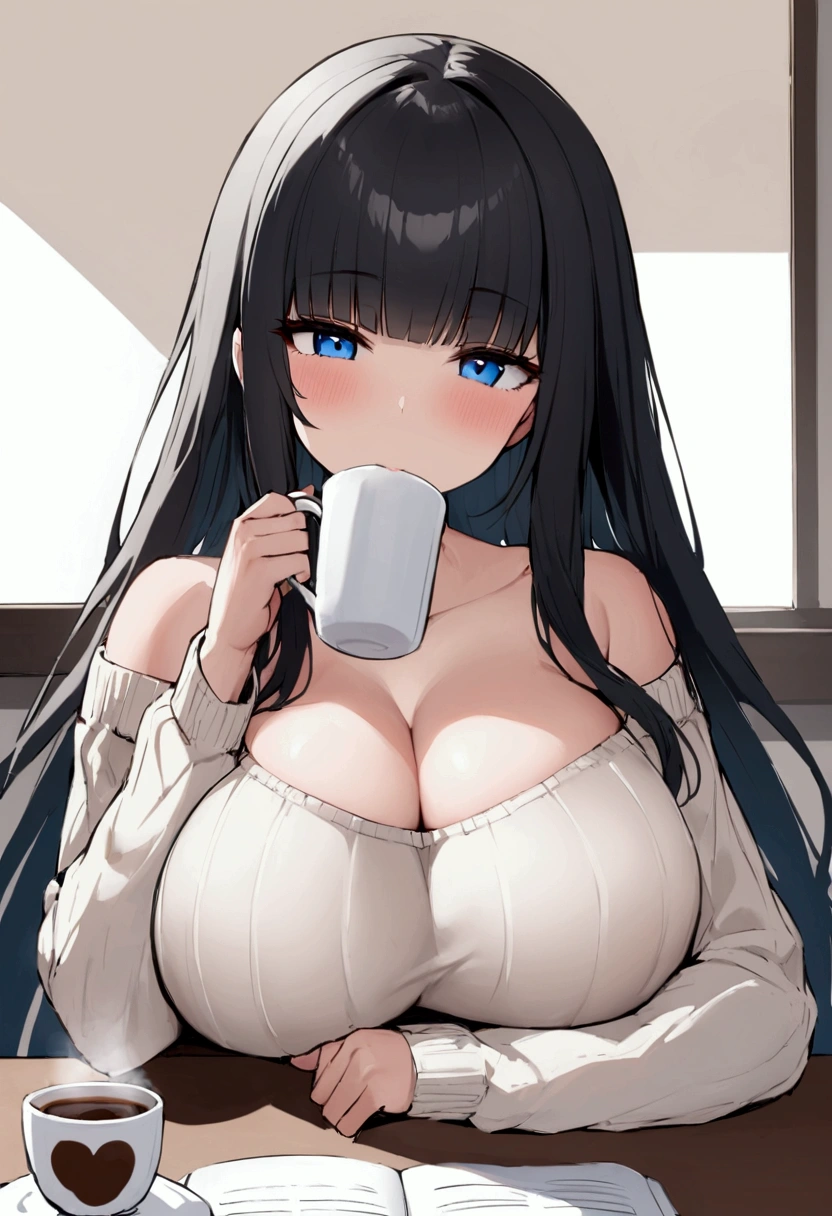 Hime cut with long black hair、Has straight bangs and blue eyes、A girl with very large breasts wears an off-the-shoulder sweater。Drinking coffee at desk。Coffee is one。The girl has a relaxed, calm and satisfied look。rather large udder。Unbelievably large breasts。Cleavage。