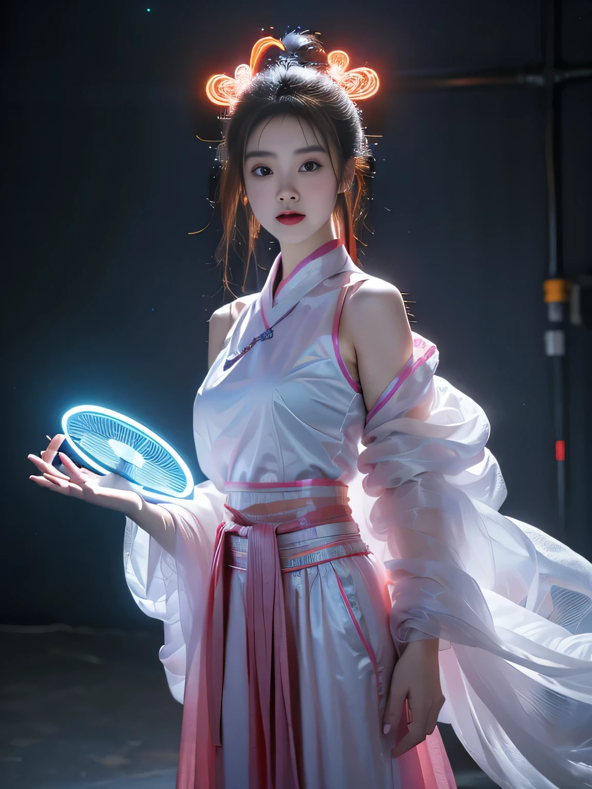 1 girl solo, perfect_hand, (8K, Raw photo, best quality, masterpiece:1.2), (Practical, photo-Practical:1.4), (extremely detailed CG unity 8K wallpaper),whole body, (Neon lights), Markup, Robotic Arm, Hanfu, Chinese clothes, skirt, Pretty Face,(Hidden Shot:1.1), epic Practical,Raw, simulation