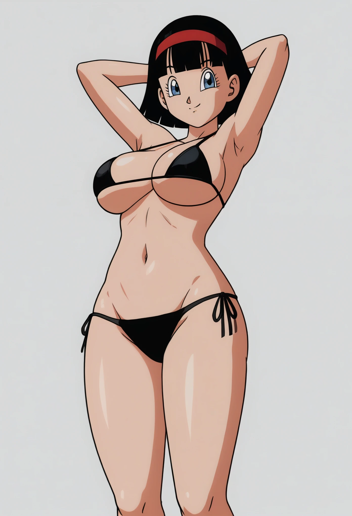 source_anime, score_9, score_8_up, score_7_up, anime screencap,8k, absurd res,
videl, dragon ball super, bob cut, 1girl, solo, breasts, short hair, blue eyes, large breasts, black hair, full body,
(extremely detailed CG unity 4k wallpaper),(masterpiece),(best quality),(ultra-detailed),(best illustration),(best shadow),(absurdres),(detailed background), looking_at_viewer, smile, large_breasts, cleavage, bare_shoulders, standing, hands behind head, collarbone, long_legs, black underwear, from_below, breasts, large breasts, big breasts, huge breasts, big tits, giant breasts, small bikini, bikini, bare shoulders, bare arms, beach, ocean, underboob