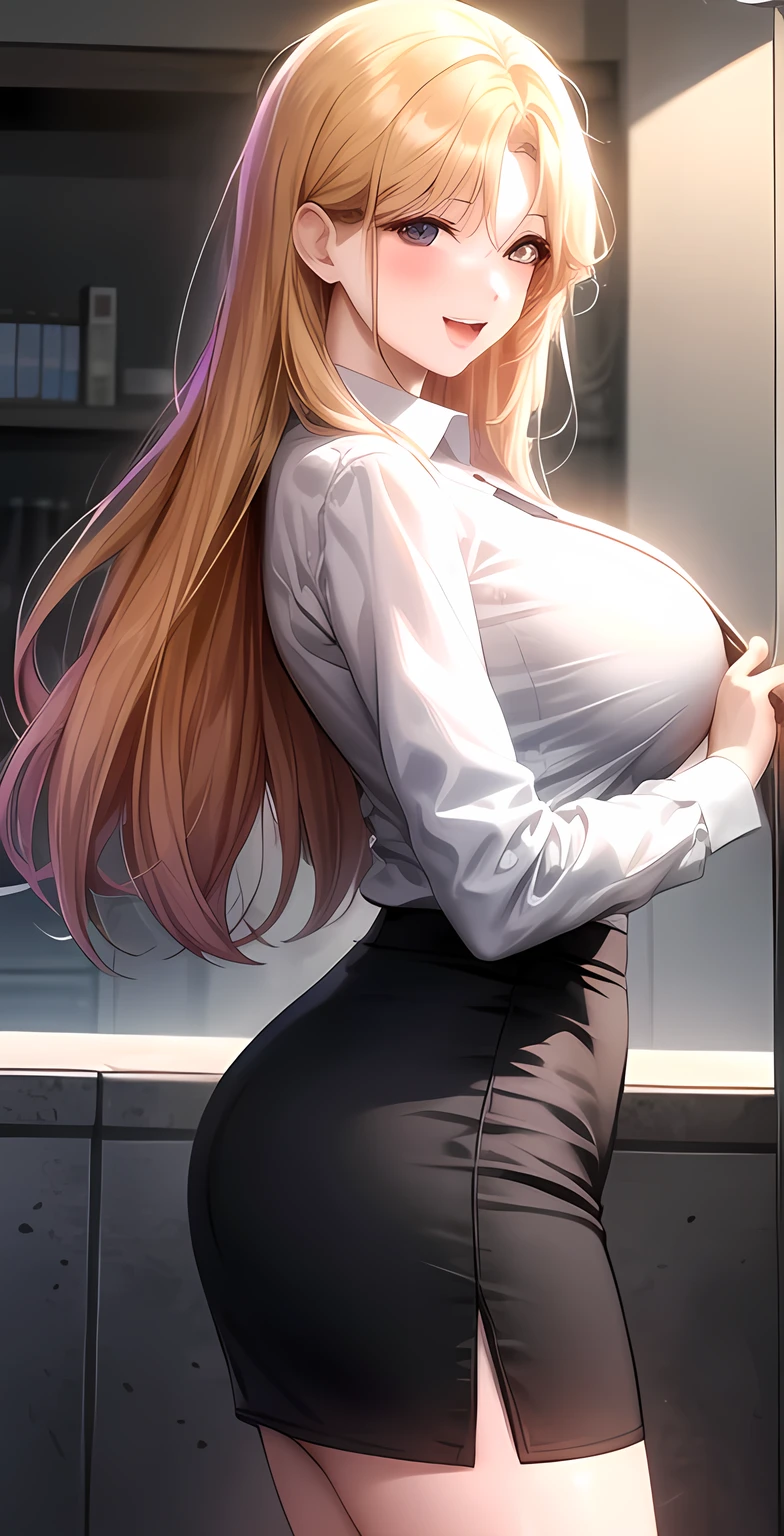 bada, 1girl, solo, blonde hair, long hair,  large breast, looking at viewer, smile, 1girl, office_lady, long_hair, skirt, solo, shirt, looking_at_viewer, white_shirt, blush, breasts, black_skirt, long_sleeves, collared_shirt, pencil_skirt, bulge, open_mouth, large_breasts, indoors, dress_shirt, shirt_tucked_in, bangs