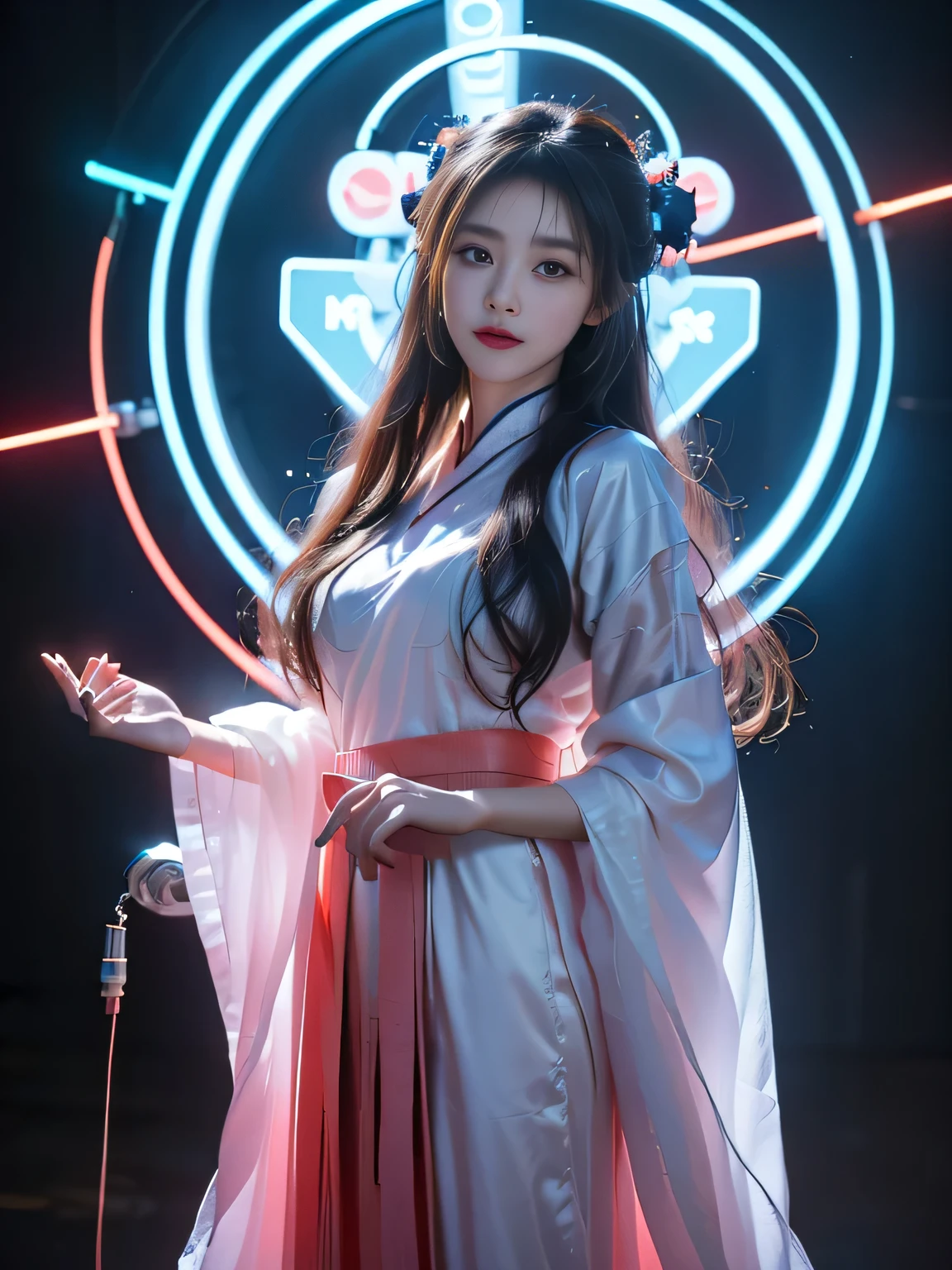 1 girl solo, perfect_hand, (8K, Raw photo, best quality, masterpiece:1.2), (Practical, photo-Practical:1.4), (extremely detailed CG unity 8K wallpaper),whole body, (Neon lights), Markup, Robotic Arm, Hanfu, Chinese clothes, skirt, Pretty Face,(Hidden Shot:1.1), epic Practical,Raw, simulation