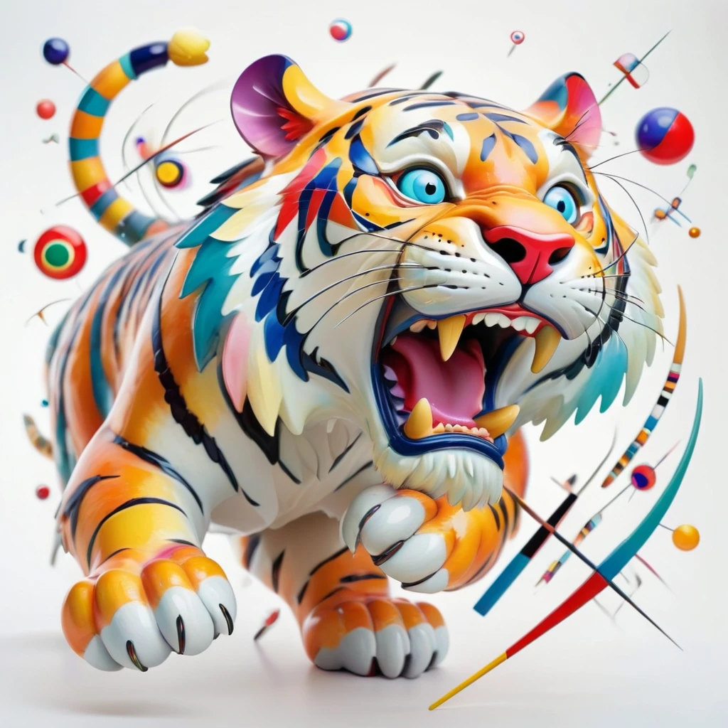 attacking tiger, (shiny colors:1.2), White background, Kandinsky