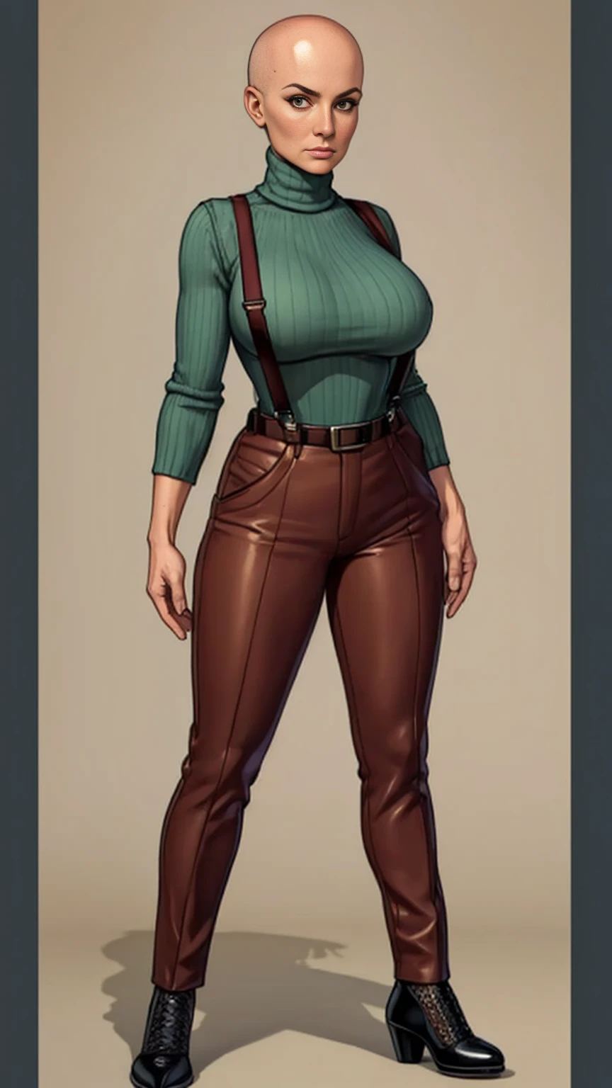 digital art, highly detailed, reference sheet, standing pose, feminine features, mature woman, adult female, fit figure, whole body, bald, form-fitting, turtleneck sweater, suspenders, belt, baggy pants, heeled shoes, 1woman, solo, upper body, lower body, ((Extremely Detailed)), ((Best Quality)), ((Masterpiece)), ((4k)).
