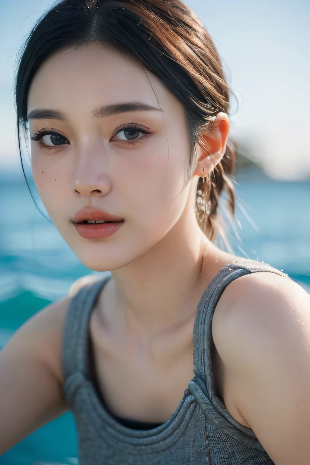 ((Top quality, excellent, very detailed: 1.5)), 1 beautiful mermaid, (head to waist portrait: 2), (realistic skin texture), fair skin, light and shadow contrast, slim, (beautiful and flawless face: 1.8), diving underwater