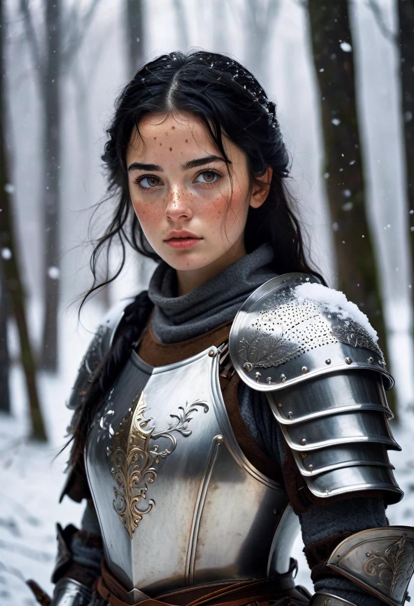 ((Best Quality)), ((Masterpiece)), (detailed), 1 girl, with freckles on his face, black hair, Brown eyes, he is wearing medieval armor, is in a forest with snowy weather while it is dawning 