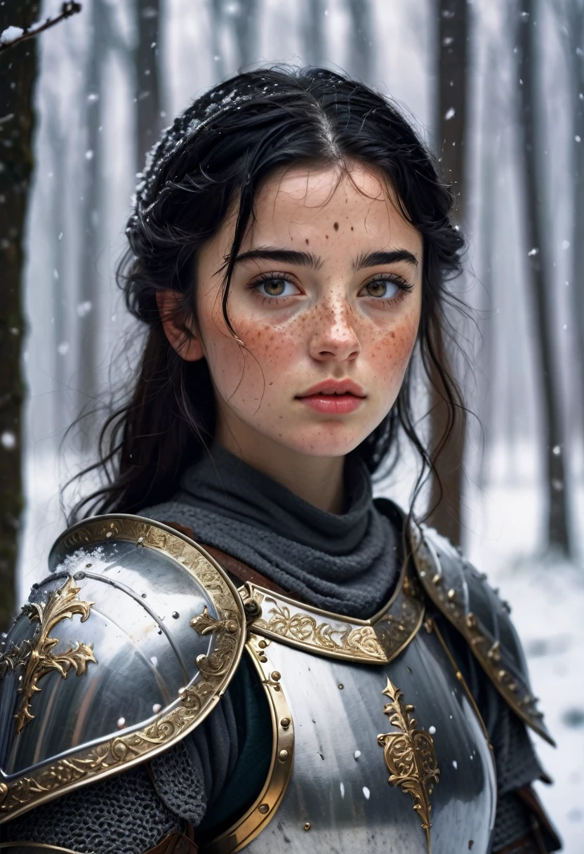 ((Best Quality)), ((Masterpiece)), (detailed), 1 girl, with freckles on his face, black hair, Brown eyes, he is wearing medieval armor, is in a forest with snowy weather while it is dawning