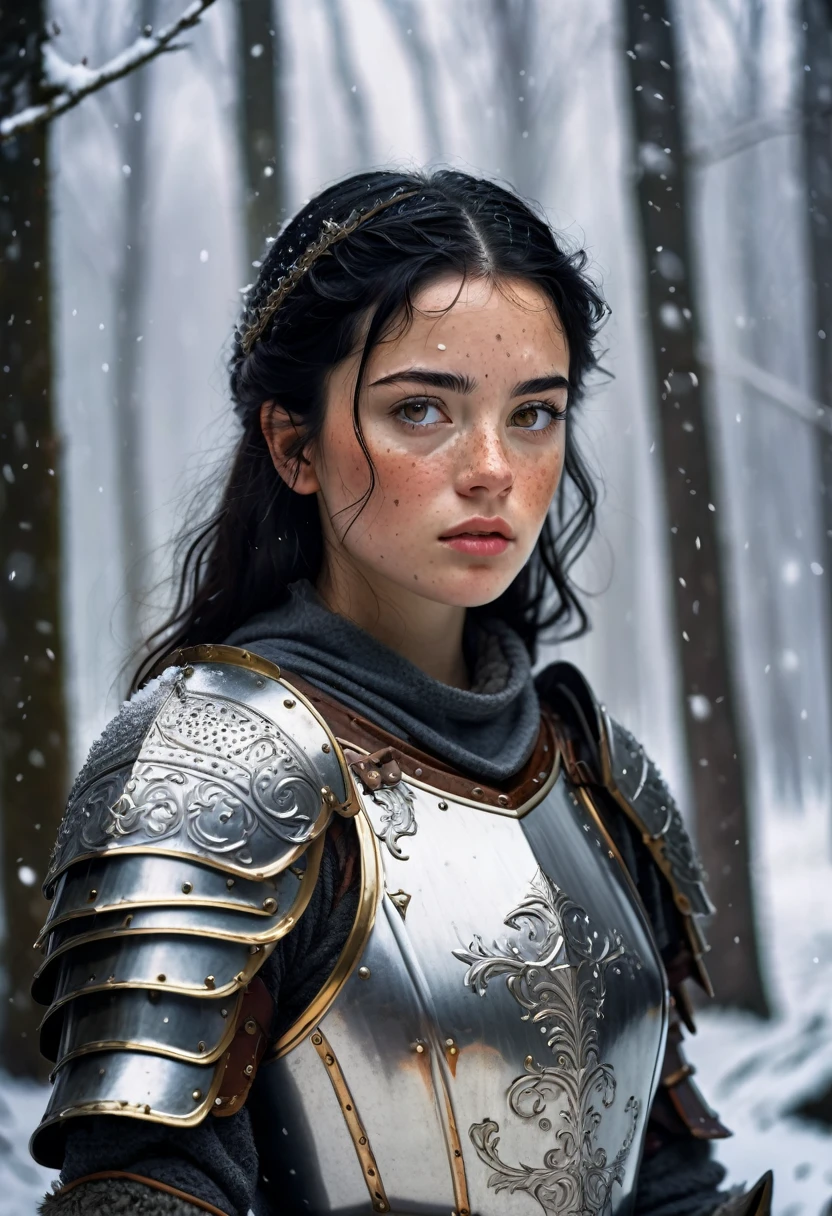 ((Best Quality)), ((Masterpiece)), (detailed), 1 girl, with freckles on his face, black hair, Brown eyes, he is wearing medieval armor, is in a forest with snowy weather while it is dawning