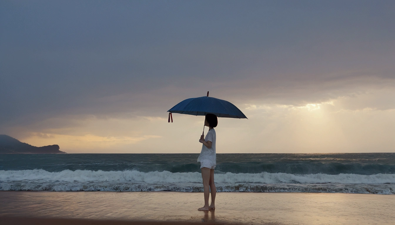 8k, realistic, lifelike photo, Realistic appearance of nature, beach at sunset, pale light, umbrella, rain, 36 year old Korean woman, short medium hair, Woman standing in endless beach waves. Close-up from afar with a wide-angle lens, tower, White shorts, waves crashing, Clear picture quality, 검은 umbrella을 쓰고 있는