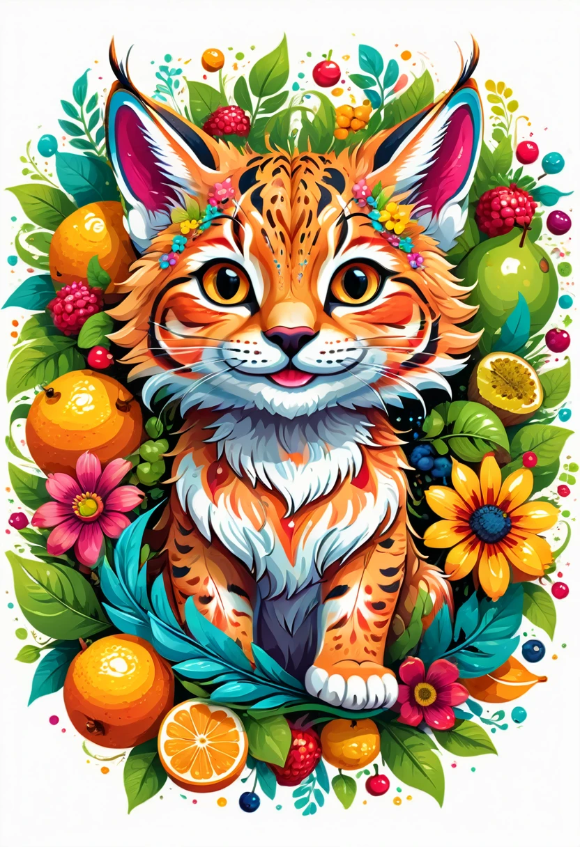  sticker, arte vetorial para  t-shirt design, of a colorful illustration of smiling little lynx, At the center, swirly vibrant colors, flowers, fruits, high détail,White background, t-shirt design.
(artwork, UHD quality, details in 16k, proffesional, perfect composition, very aesthetic, absurdrez, super verbose, Intricate details:1.3)