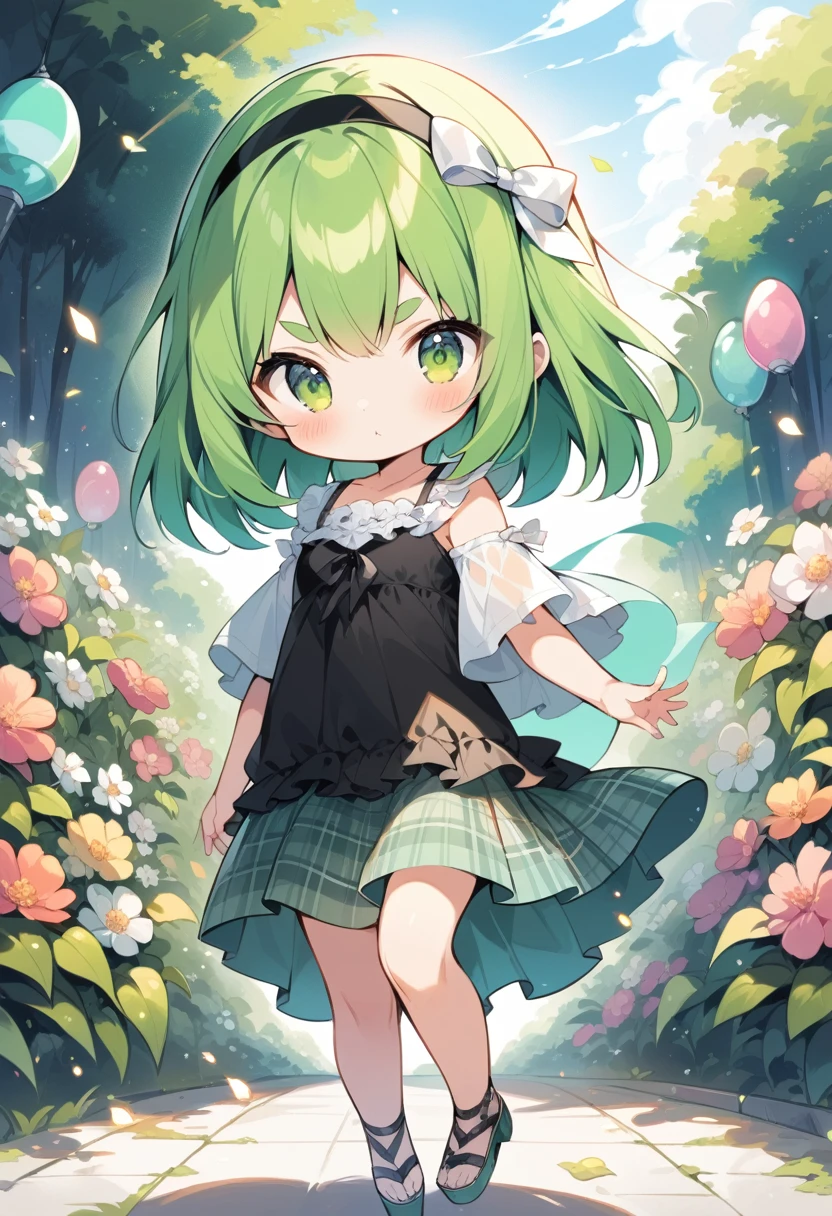 (loli:1.4),(little female child:1.4), cute face, 6 years old,kawaii, (highlight on eyes:1.1), small breast, (jiggly:0.8), shiny skin,(mini girl:1.5),
BREAK
(green maro eyebrows:1.5), :<, (jitome:1.1),pouty and slightly grumpy,(medium green hair:1.2),pout,disgusted eyes, green eyes, puffy eyes,
BREAK
breathtalking Scenery, breathtalking Beauty, breathtalking Cute,scenery, (best quality, masterpiece:1.2), (ultra high quality:1.2),smooth soft skin, natural skin,watercolor,
BREAK
layer of clothes,(black camisole:1.2) over (white loose blouse:1.2), burberry check patterned skirt,head band.Platform Sandals,dynamicangle,kawaii,outdoors,flowergarden,flowerbackground,tiffany,dust particles,
