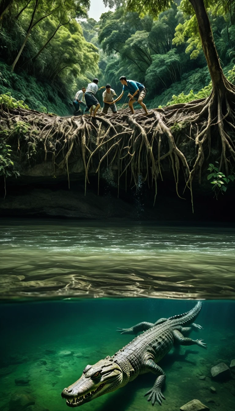 Create an AI-generated image that depicts a dramatic scene of a river with a visible above and below water perspective. Above the water, show two men helping to pull another man out of the river, with expressions of fear and urgency. Below the water, depict a large crocodile with its mouth open, showcasing its sharp teeth, swimming towards the group above. The surrounding environment is a dense forest with large trees and sprawling roots around the riverbank. The water is clear enough to see both the surface activity and the underwater threat in vivid detail.