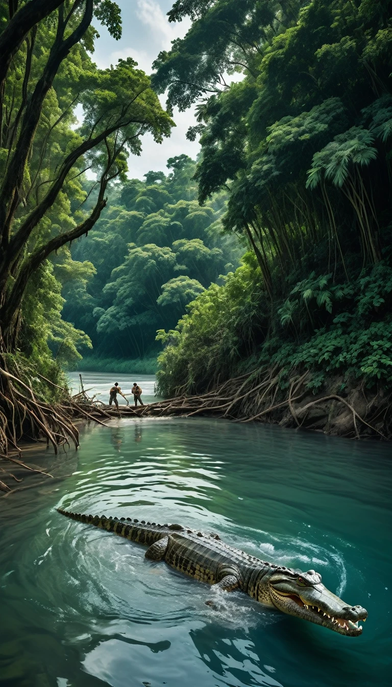 Create an AI-generated image that depicts a dramatic scene of a river with a visible above and below water perspective. Above the water, show two men helping to pull another man out of the river, with expressions of fear and urgency. Below the water, depict a large crocodile with its mouth open, showcasing its sharp teeth, swimming towards the group above. The surrounding environment is a dense forest with large trees and sprawling roots around the riverbank. The water is clear enough to see both the surface activity and the underwater threat in vivid detail.