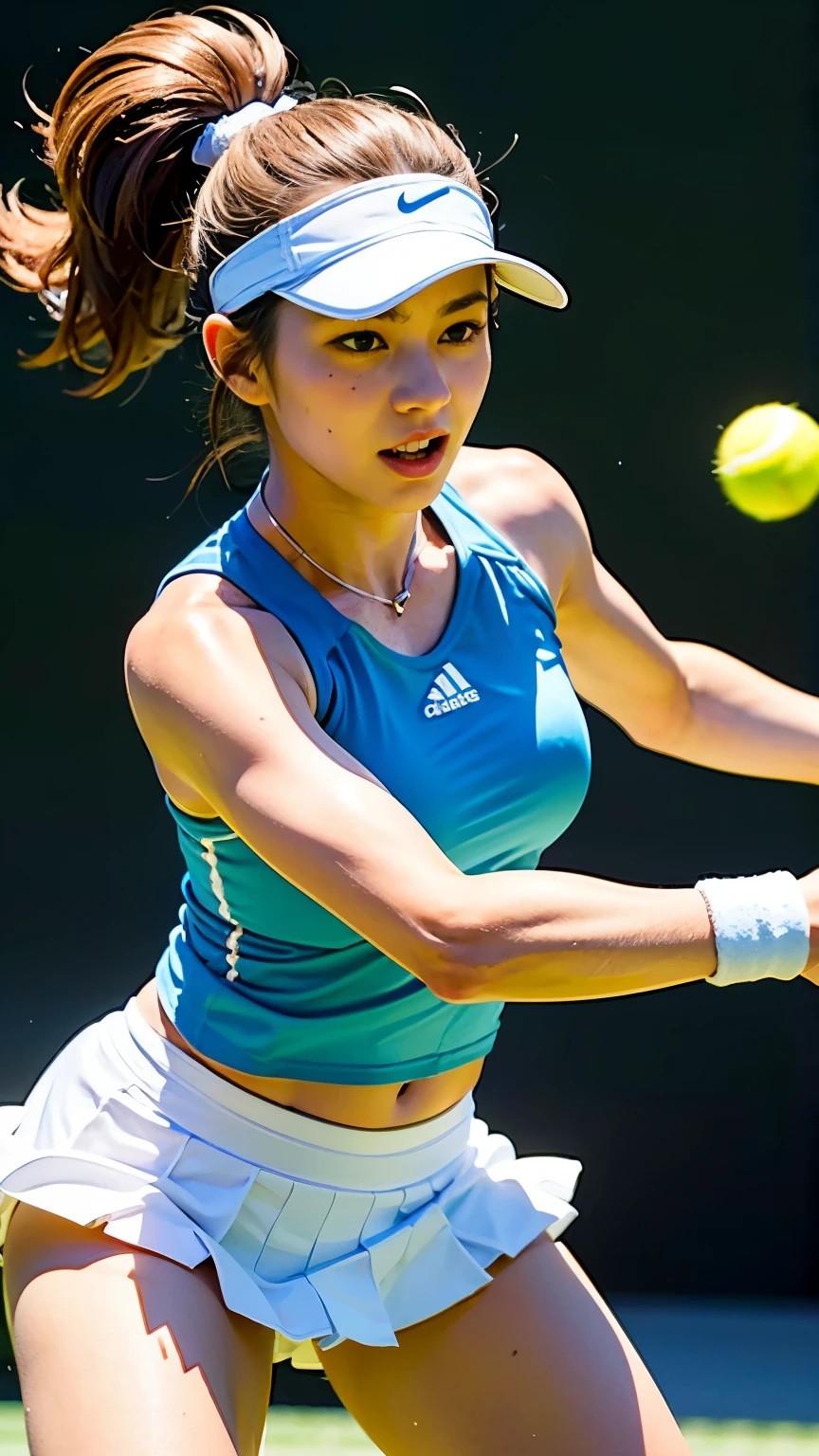 ((Perfect Anatomy)),Masterpiece,Ulzan 6500,Beautiful 20 year old tennis player wearing a white visor,Tankini and tennis skirt,Gripping a racket tightly during a match on Centre Court at Wimbledon,((It captures the essence of her athleticism and energy.)),((Ponytails go well with)),Hasselblad's deep depth of field,portraying the motion and grace of テニス,showing the wind blowing her ポニーテール and clothes,Photographed from the front,Outdoor,Detailed Background,Packed seats,Best image quality,Professional perspective,Excellent detail,Ultra-high resolution,Realistic:1.4),Attention to detail,Attention to detail,Focusing beauty on one girl,beautiful chestnut hair,繊細でHigh noseを持つ美しい顔,Long limbs like a model,Tight waist,High nose, Clear chestnut eyes, Glossy lips,(((Dramatic beauty))),Beautiful bokeh with deep depth of field,4K,Gothic,4K Digital SLR Camera,Fujifilm XT3 style,(Delicate eyes and face),Professional Perspective,Amazing details