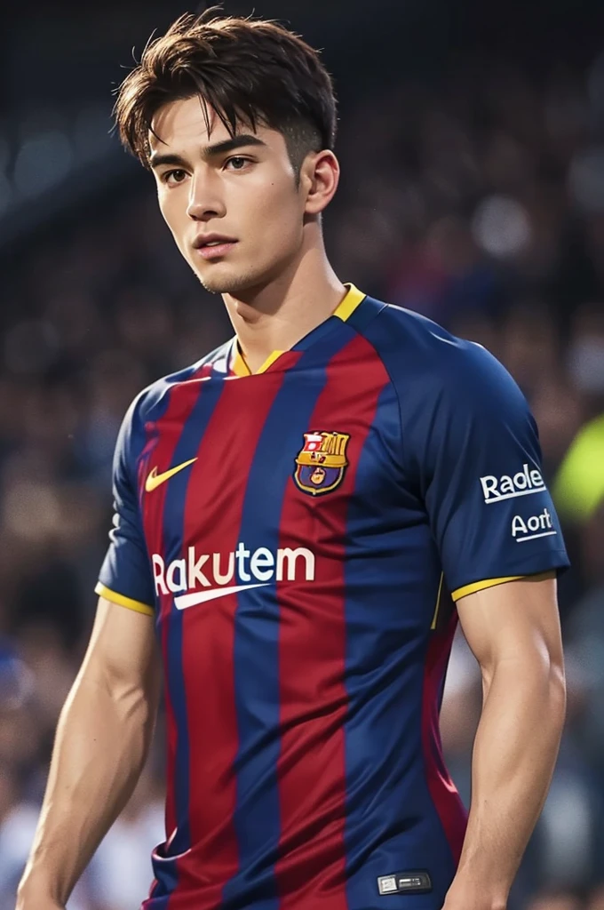 {{{FC Barcelona}}}, light, {{nike soccer jerseys}}, {{{best quality}}}, {{{realistic}}}, Detailed facial description, realistic 눈동자, Handsome man, realistic 유니폼 주름, well proportioned, Sponsor&#39;s name is Spotify, black hair