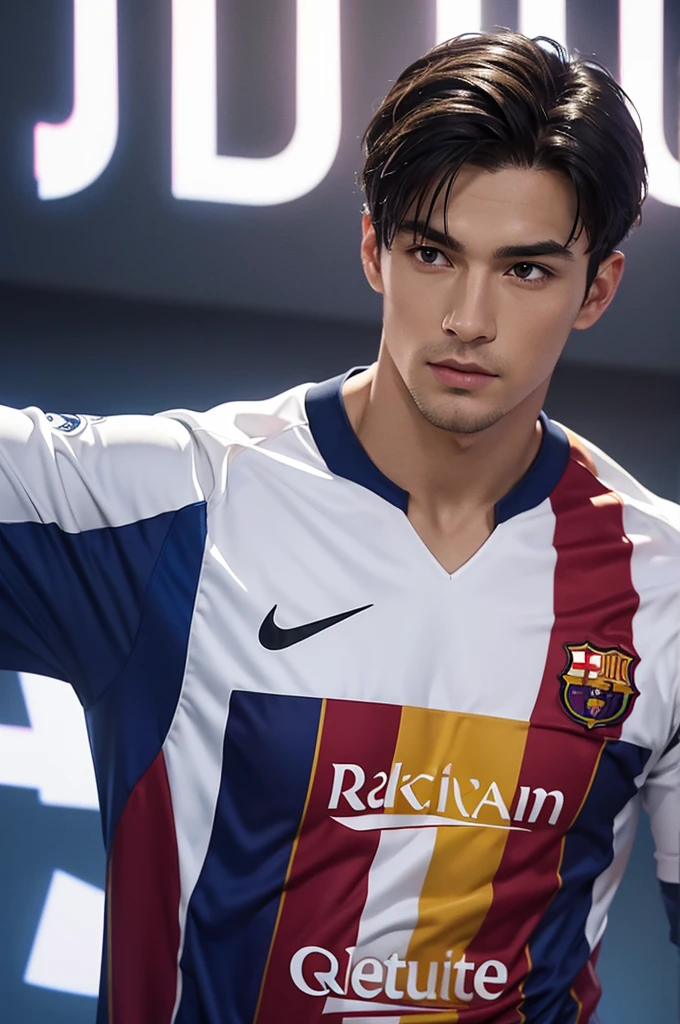 {{{FC Barcelona}}}, light, {{nike soccer jerseys}}, {{{best quality}}}, {{{realistic}}}, Detailed facial description, realistic 눈동자, Handsome man, realistic 유니폼 주름, well proportioned, Sponsor's name is Spotify, black hair