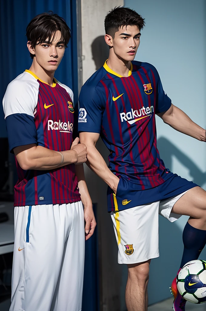 {{{FC Barcelona}}}, light, {{nike soccer jerseys}}, {{{best quality}}}, {{{realistic}}}, Detailed facial description, realistic 눈동자, Handsome man, realistic 유니폼 주름, well proportioned, Sponsor&#39;s name is Spotify, black hair