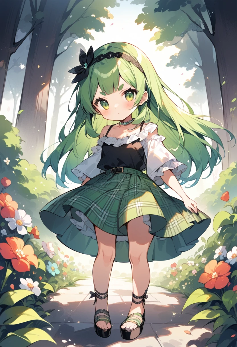 (loli:1.4),(little female child:1.4), cute face, 6 years old,kawaii, (highlight on eyes:1.1), small breast, (jiggly:0.8), shiny skin,(mini girl:1.5),
BREAK
(green maro eyebrows:1.5), :<, (jitome:1.1),pouty and slightly grumpy,(medium green hair:1.2),pout,disgusted eyes, green eyes, puffy eyes,
BREAK
breathtalking Scenery, breathtalking Beauty, breathtalking Cute,scenery, (best quality, masterpiece:1.2), (ultra high quality:1.2),smooth soft skin, natural skin,watercolor,
BREAK
layer of clothes,(black camisole:1.2) under (white loose blouse:1.2), burberry check patterned skirt,head band.Platform Sandals,dynamicangle,kawaii,outdoors,flowergarden,flowerbackground,tiffany,dust particles,