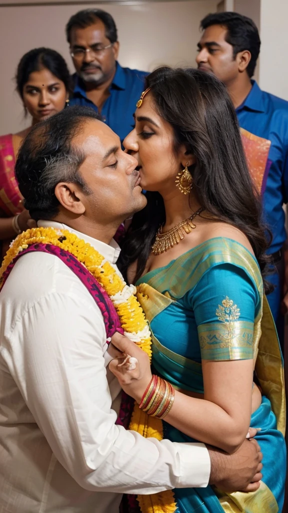 A 50-year-old man affectionately hugging and kissing on lips of a radiant, full-figured South Indian 45 year old very beautiful bride wearing a cream silky saree and blue blouse in office, other people cheering next to them, captured in a full-body image with vibrant hues and meticulous details. Full body image