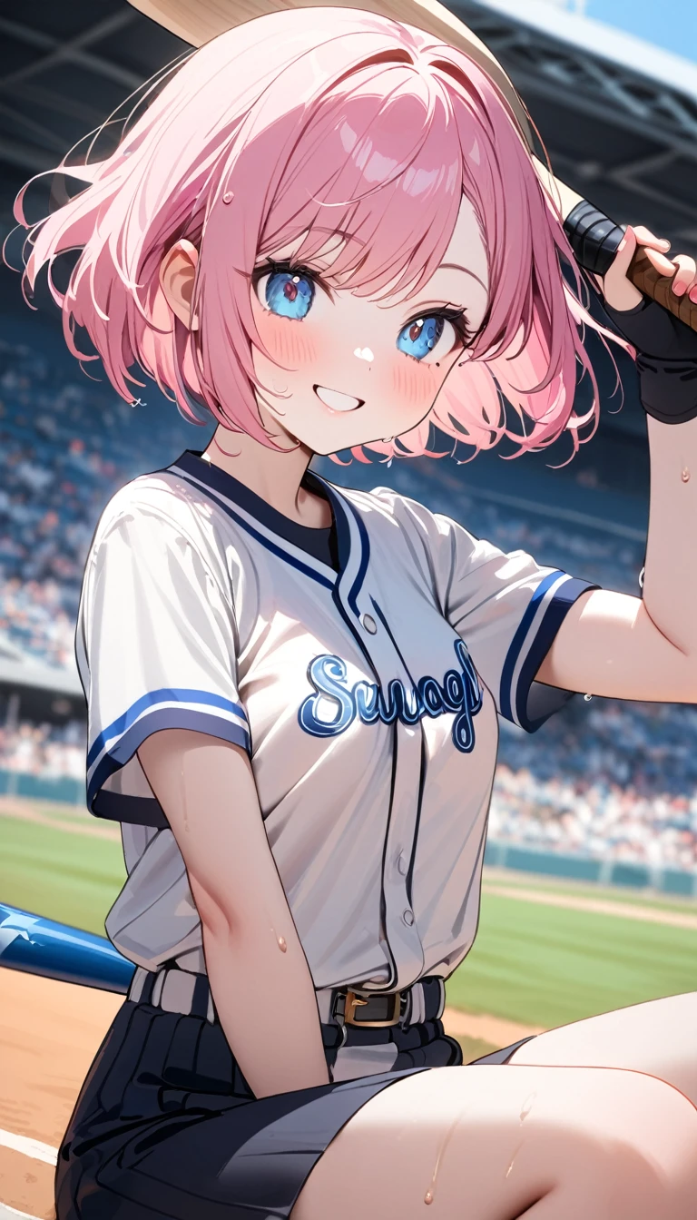 (1 girl),(Best Picture Quality, 8K, Masterpiece:1.3), (high school student:1.5), ((pink lob hair:1.1)), (bob cut),(swept bangs), (cute eyes, pupil black, iris skyblue, youthful face), (mole under right eye), (standard weight), (small breasts), (glistening skin:1.1),(pale skin:1.2),((baseball uniform)),(Smile),(sweat),(short sleeve),(baseball bat),(baseball bat swing).