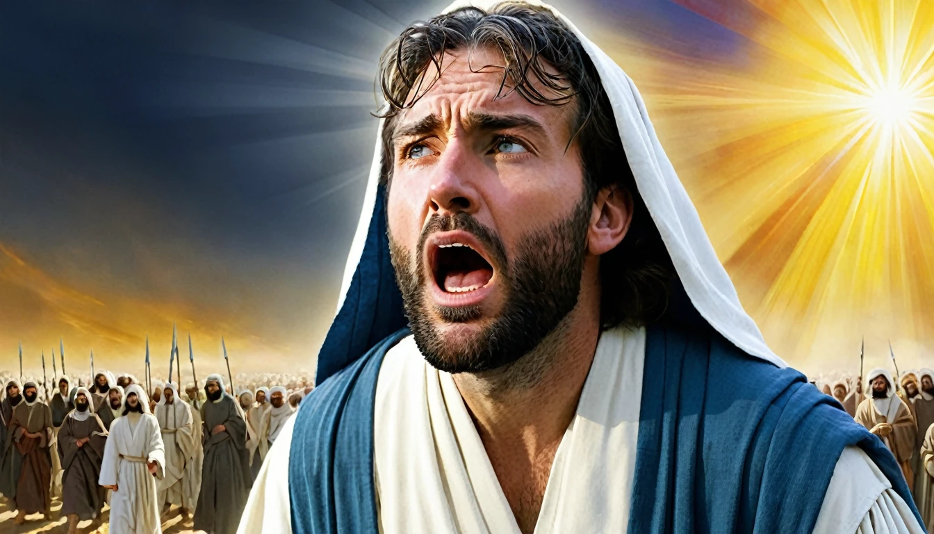 Central Image:
Paul in two moments:Pursuer: Severe expression, dark clothes, frown, holding stones/swords (symbolizing persecution).
Apostle: Serene face, white/clear robes, hands in prayer position, divine light around (symbolizing faith). Close up in Paul:
Tears in the eyes (optional), representing repentance and conversion. Stylized illustration: conveying timelessness of history. Additional Elements: Rays of light (divine revelation). Scenes: Paul stoning Stephen (persecution).
Paul falling from the horse on the road to Damascus (conversion).
Paul preaching to multitudes (apostolate). Color Combinations:
Vibrant colors: Yellow, orange and blue to capture attention and convey Paul's epic journey. Objective:
Attractive and impactful Thumbnail that captures the attention of the public and arouses curiosity about the story of Paul.