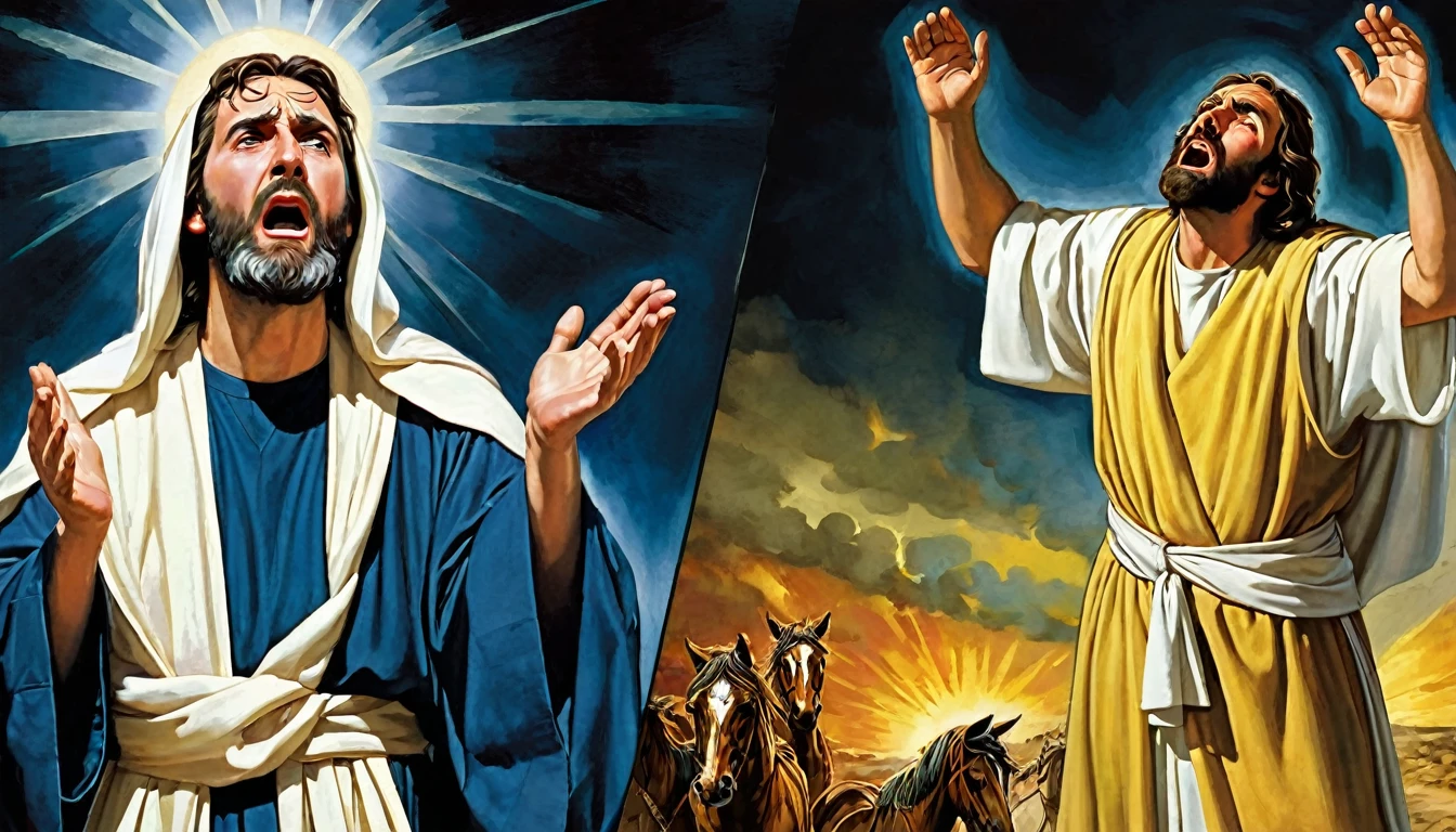  Central Image:



Paul in two moments:Pursuer: Severe expression, dark clothes, frown, holding stones/swords (symbolizing persecution).

Apostle: Serene face, white/clear robes, hands in prayer position, divine light around (symbolizing faith). Close up in Paul: 

Tears in the eyes (optional), representing repentance and conversion. Stylized illustration: conveying timelessness of history. Additional Elements: Rays of light (divine revelation). Scenes: Paul stoning Stephen (persecution).

Paul falling from the horse on the road to Damascus (conversion).

Paul preaching to multitudes (apostolate).  Color Combinations:



Vibrant colors: Yellow, orange and blue to capture attention and convey Paul's epic journey. Objective:



Attractive and impactful Thumbnail that captures the attention of the public and arouses curiosity about the story of Paul.