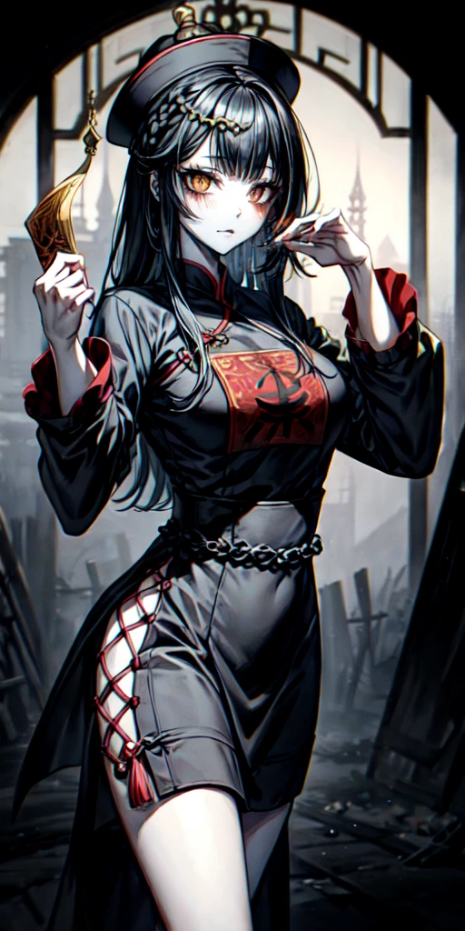 lora:flat:-1.2, masterpiece, best quality, 4k, 8k, 1 woman, solo, pale skin, tall stature, long hair, blunt bangs, side braid, black hair, ugly face, bad face, bad eyes, droopy eyes, unclear eyes, ruby red eyes, lemon yellow eyes, pale skin, black eyeliner, black eye shadow, heterochromia, slender frame, frightened, ofuda, jiangshi costume:1.2, sheath long skirt, China dress, fang, horror, coffin, forest, dark night, stormy weather, fog, from front, cowboy shot, look at viewer, paw pose,
