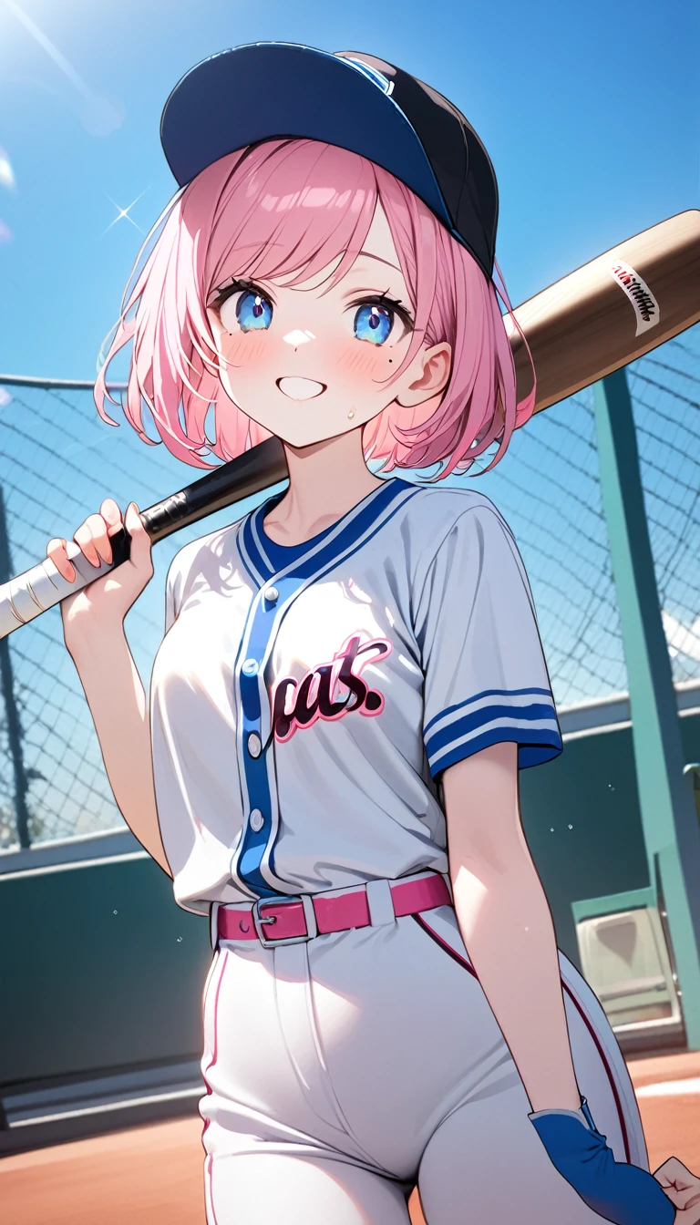 (1 girl),(Best Picture Quality, 8K, Masterpiece:1.3), (high school student:1.5), ((pink lob hair:1.1)), (bob cut),(swept bangs), (cute eyes, pupil black, iris skyblue, youthful face), (mole under right eye), (standard weight), (small breasts), (glistening skin:1.1),(pale skin:1.2),((baseball uniform)),(Smile),(sweat),(short sleeve),(baseball bat),(baseball bat swing).