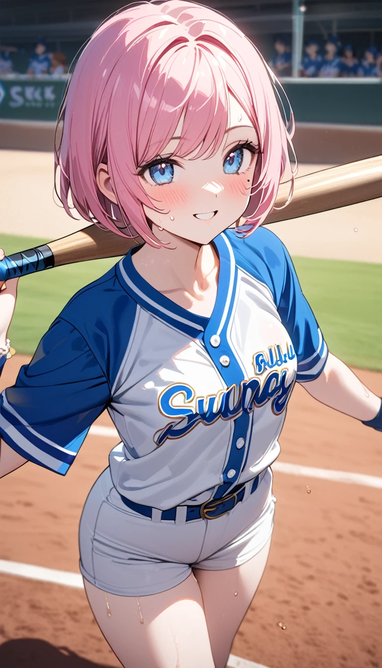 (1 girl),(Best Picture Quality, 8K, Masterpiece:1.3), (high school student:1.5), ((pink lob hair:1.1)), (bob cut),(swept bangs), (cute eyes, pupil black, iris skyblue, youthful face), (mole under right eye), (standard weight), (small breasts), (glistening skin:1.1),(pale skin:1.2),((baseball uniform)),(Smile),(sweat),(short sleeve),(baseball bat),(baseball bat swing).