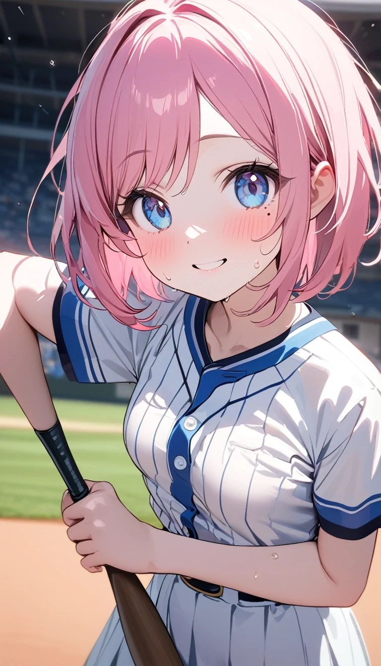 (1 girl),(Best Picture Quality, 8K, Masterpiece:1.3), (high school student:1.5), ((pink lob hair:1.1)), (bob cut),(swept bangs), (cute eyes, pupil black, iris skyblue, youthful face), (mole under right eye), (standard weight), (small breasts), (glistening skin:1.1),(pale skin:1.2),((baseball uniform)),(Smile),(sweat),(short sleeve),(baseball bat),(baseball bat swing).