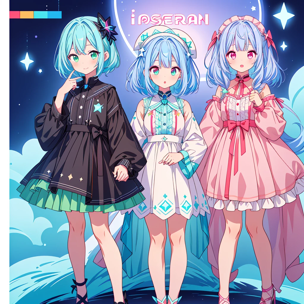 1girl、Star Fairy、Star incarnation、Character design front view、A picture facing the viewer、Cute original black and magenta clothes、(((Super detailed、Highest quality、Masterpiece)))、Original cute hairstyle、Milky white and blue hair color、Simple Green Background、vtuber-fullbody,