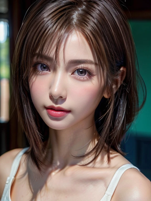 (masterpiece:1.2, Highest quality), (Beautiful, detailed eyes:1.2, Beautiful skin, Beautiful hair, Beautiful eyes, seductive eyes:1.2), ((Woman)), ((Asymmetrical short hair)), soft smiling, (Highly detailed CG, Super detailed, Best Shadow:1.1), ((Depth of written boundary:1.1)), (Detailed eyes and face:1.3), ((watercolor)), (evening sunset:1.2), beautiful concept figure, (figure:1.1), (Perfect detail:1.1), looking at viewer, Good posture and dignity, From the neck up, natural soft lighting, Highlights in the eyes, Very perfect and beautiful face, close up shot, glossy lips, Bare shoulders, (vibrant colors, vivid colors background:1.2),