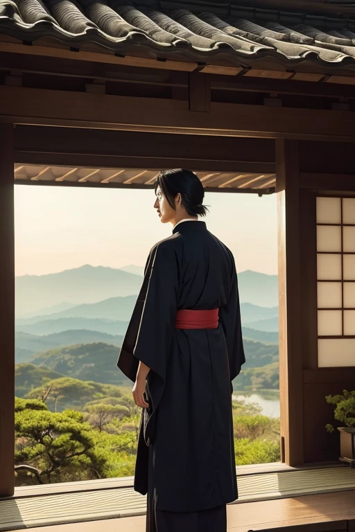 "Generate an image of Sakamoto Ryoma from behind, standing in a vast and open landscape, gazing into the distant horizon, set in a scene reminiscent of late Edo-period Japan. Ryoma is depicted with his distinctive features: his long, neatly tied-back black hair in a traditional chonmage style. He wears a dignified kimono adorned with a subtle yet elegant pattern, paired with hakama and haori. His posture reveals a strong, determined presence, with his hands clasped behind his back, and his profile showing sharp, intense eyes and prominent cheekbones, conveying a sense of determination and intellectual vigor.

In this composition, Ryoma stands in a serene and expansive setting, such as a hilltop overlooking a vast plain or a viewpoint beside a tranquil river, with a panoramic backdrop of traditional Japanese architecture or lush natural scenery stretching into the distant horizon. The setting should enhance the historical ambiance, emphasizing his introspective and visionary nature as he gazes upon the expansive landscape.

Please create two versions of the image: one in vibrant colors to highlight the vividness of the scene, and another in sepia tone to evoke a nostalgic, historical atmosphere. Ensure that Ryoma's posture, profile view, and expression effectively convey his deep contemplation and significant role in Japan's modernization."


