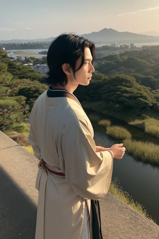 "Generate an image of Sakamoto Ryoma from behind, standing in a vast and open landscape, gazing into the distant horizon, set in a scene reminiscent of late Edo-period Japan. Ryoma is depicted with his distinctive features: his long, neatly tied-back black hair in a traditional chonmage style. He wears a dignified kimono adorned with a subtle yet elegant pattern, paired with hakama and haori. His posture reveals a strong, determined presence, with his hands clasped behind his back, and his profile showing sharp, intense eyes and prominent cheekbones, conveying a sense of determination and intellectual vigor.
In this composition, Ryoma stands in a serene and expansive setting, such as a hilltop overlooking a vast plain or a viewpoint beside a tranquil river, with a panoramic backdrop of traditional Japanese architecture or lush natural scenery stretching into the distant horizon. The setting should enhance the historical ambiance, emphasizing his introspective and visionary nature as he gazes upon the expansive landscape.
Please create two versions of the image: one in vibrant colors to highlight the vividness of the scene, and another in sepia tone to evoke a nostalgic, historical atmosphere. Ensure that Ryoma's posture, profile view, and expression effectively convey his deep contemplation and significant role in Japan's modernization."