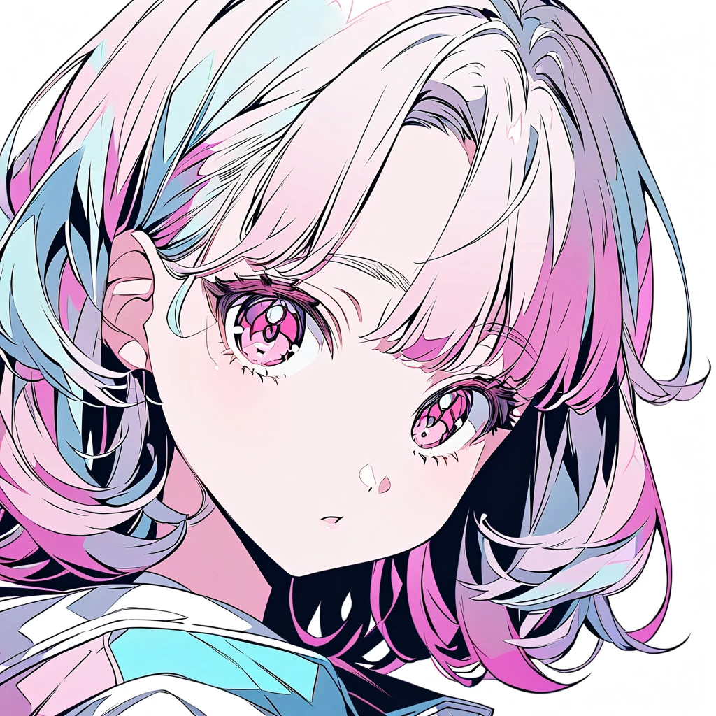 Pink-eyed anime girl with silver shaggy cut, Young girl，Young Teenage Girl, Digital illustration style, In the art style of Bouwater, Anime Style, Anime-style illustrations,　pastel colour、　White background