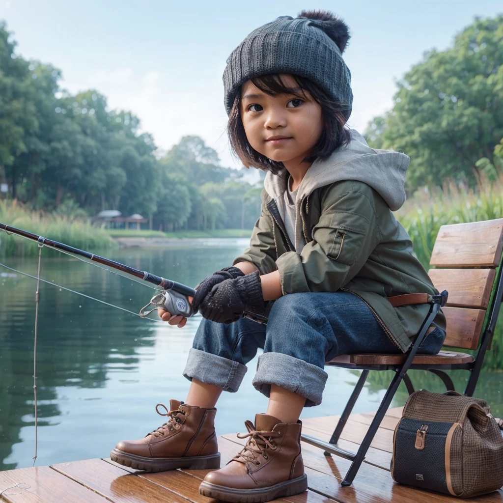 3d realistic images. 10 year old Indonesian girl wearing casual clothes beanie gloves,  is sitting on a park bench behind the lake, fishing pose, the  is wearing a