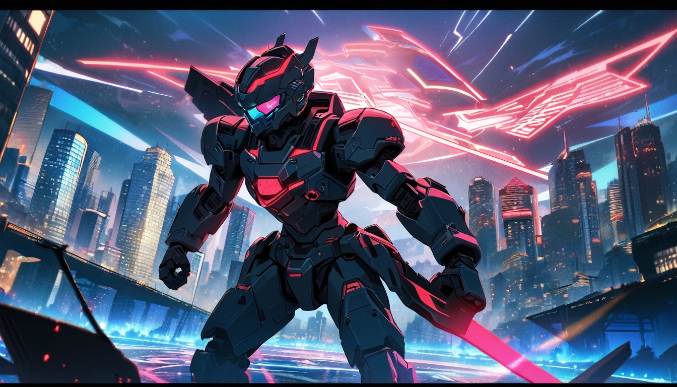 Mech suit, standing, viewing the city,, Vancouver, high-quality artwork, metal armour, intense lighting, cityscape background, heroic pose, dramatic shadows, black suit with red neon lights, hockey helmet with blue visor, video game, blue electric fists, graphic novel style