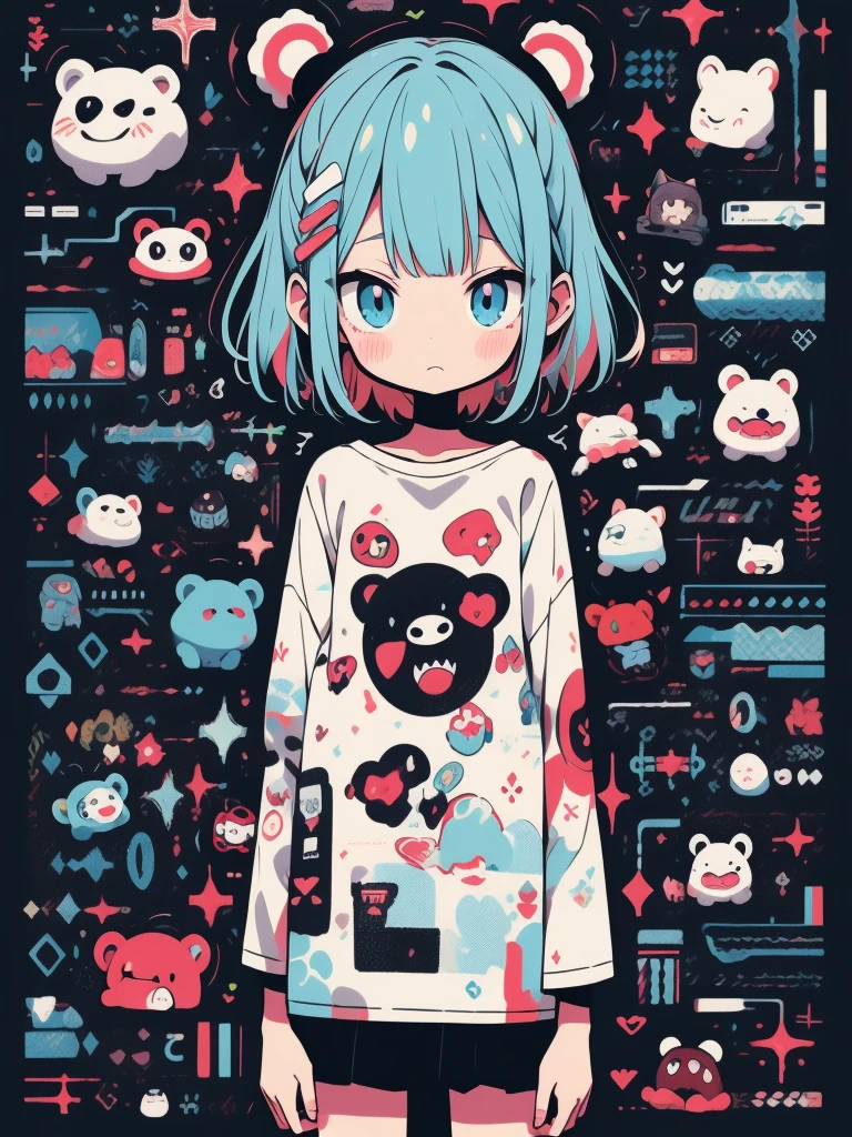high quality、Dark Color Palette、high resolution、cute 、An unprecedented number of draws、Anime Style、Geometric background、Sticker Style、short hair、Gray Hair、Blue eyes, Until death, title, Baggy clothes, A relaxed Kamiseta, self-harm, teacher, dark, Pushed down, Eye bags, Heavy Eyes, Dark Eyes, Blood, scared, EroGuro, Bear, Neon Light, Eye strain, fail, Retro, scared,
