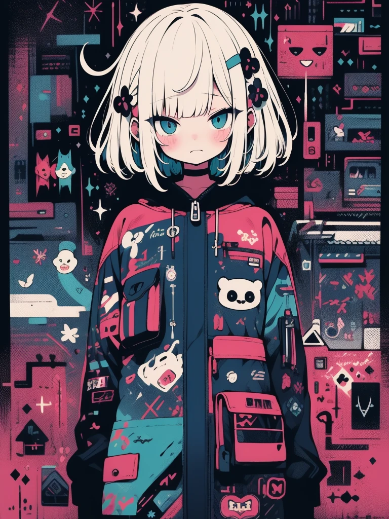 high quality、Dark Color Palette、high resolution、cute 、An unprecedented number of draws、Anime Style、Geometric background、Sticker Style、short hair、Gray Hair、Blue eyes, Until death, title, Baggy clothes, A relaxed Kamiseta, self-harm, teacher, dark, Pushed down, Eye bags, Heavy Eyes, Dark Eyes, Blood, scared, EroGuro, Bear, Neon Light, Eye strain, fail, Retro, scared,