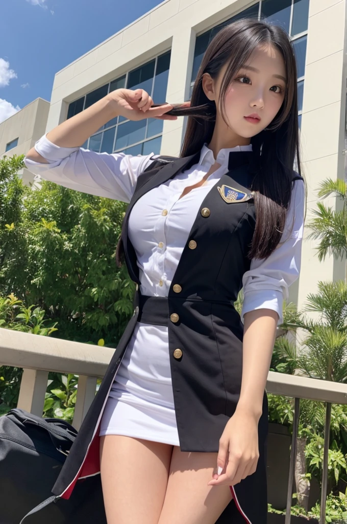 An innocent 23-year-old girl、((Japanese Police Officer, Sexy police uniform, skirt, Cute and elegant, Dramatic Pose)),smile,Night city background,shortcut、RAW Photos, (8K、Highest quality、masterpiece:1.2)、(Intricate details:1.4)、(Photorealistic:1.4)、Octane Rendering、Complex 3D rendering with ultra-detail, Studio Soft Light, Rim Light, Vivid details, Super Detail, Realistic skin texture, Detailed aspect, Beautiful details in the eyes, Highly detailed CG Unity 16k wallpaper, compensate, (Detailed Background:1.2), Glowing Skin, whole body,Put your hands down、Spread your legs and show me your panties,Sit on a bench
