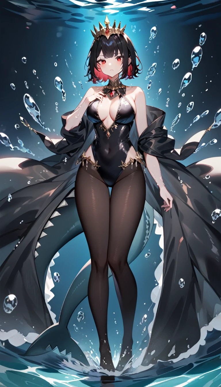 A queen stands，Water all around，Black short hair，Red eyes，Full figure，Black pantyhose，Jeweled swimsuit，Black shark tail