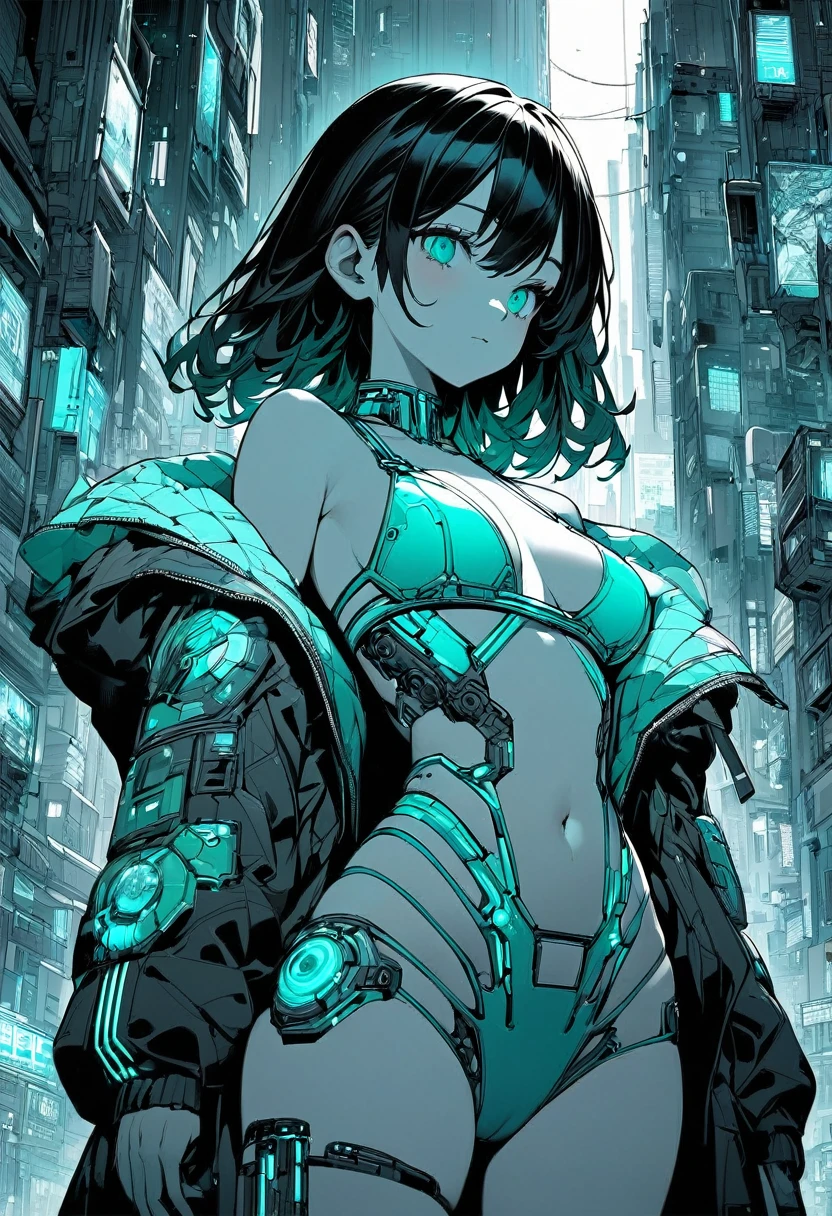 Monochrome Tiffany Blue, Highest quality, Super Fine, 16K, Unbelievably absurd, Very detailed, delicate and dynamic, pretty girl, Three-dimensional effect expressed through light and shadow, Eye-catching effect, modern art,
Monochrome Tiffany Blue, Highest quality, Super Fine, 16K, Unbelievably absurd, Very detailed, delicate and dynamic, pretty girl, Three-dimensional effect expressed through light and shadow,Low - Angle、 Emerald green eyes、Part of the clothing is see-through、Cinematic angles、optical fiber、Connected Cord、Illuminated parts See-through parts、Cyberpunk cityscape, young woman with long black hair wearing an emerald green powered exosuit, standing in a contemplative pose amidst the neon-lit ruins, textured digital art with muted tones and subtle ambient noise, detailed and intricate illustration, dystopian and gritty yet beautiful, a glimmer of hope in the decay,Fish Girl in Sci-fi translucent mechanical bikini ++,The bikini is see-through and sparkly