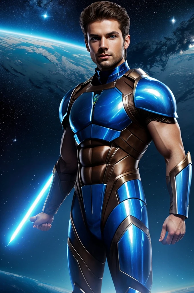 Create a brown, blue-eyed human measuring 2 meters tall., muscular and floating in space with a blue aura and alien armor