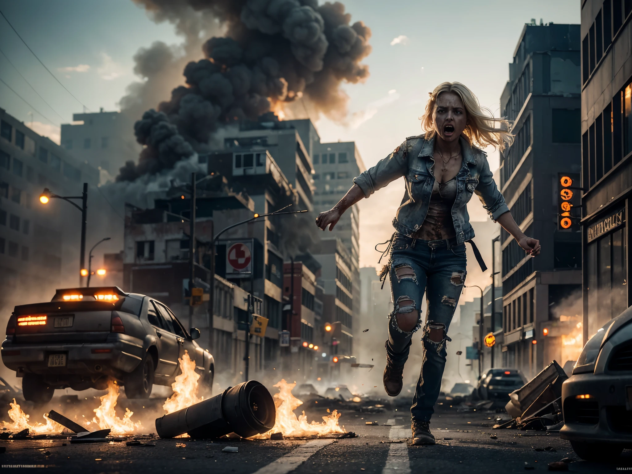 (((1 beautiful blonde woman, terrified expression, running in a future post apocalyptic street))), torn and ripped open denim jacket, bare breasts, dirty, grimy skin, ripped jeans, surrounding buildings heavily damaged, car wrecks, rubble, raining, fire, smoke, (((in the distance an angry zombie mob))), photo realistic, cinematic, masterpiece. [The character is surrounded by mist, evoking a mysterious and eerie atmosphere. The lighting is dark and atmospheric, with smoke adding a touch of sinister ambiance. Best quality image, HDR enhancement, showcasing the utmost level of detail and realism, full body shot:1.5]. [8K, Best Quality, Ultra High Resolution, (highly detailed CG unity 8k wallpaper), (best photo), cry, (best shadows), isometric 3D, octane rendering, ray tracing, highly detailed, (Best quality, 4K, 8k:1.2), absurdity, ultra detailed, (realistic, photorealistic, photorealistic:1.37), complex parts, HDR, (complex parts:1.12), (hyper detailed, hyper realistic, Soft lighting, spicy:1.2), (complex parts, Hyper detailed:1.15). Blurred foreground. (backlit), masterpiece, high quality, brightness, chromatic aberration, foggy smoke, shadows, ontrast, clear sky, (warm hue, warm tone), high details, natural reflections]. (YES SFW)