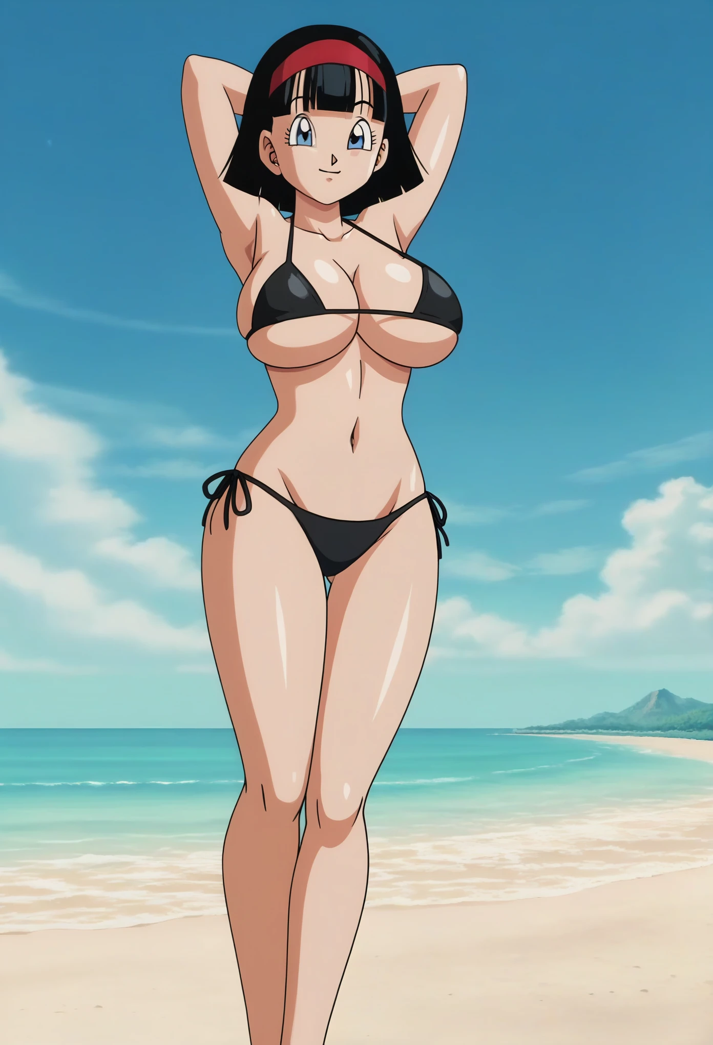 source_anime, score_9, score_8_up, score_7_up, anime screencap,8k, absurd res,
videl, dragon ball super, bob cut, 1girl, solo, breasts, short hair, blue eyes, large breasts, black hair, full body,
(extremely detailed CG unity 4k wallpaper),(masterpiece),(best quality),(ultra-detailed),(best illustration),(best shadow),(absurdres),(detailed background), looking_at_viewer, smile, large_breasts, cleavage, bare_shoulders, standing, hands behind head, collarbone, long_legs, black underwear, from_below, breasts, large breasts, big breasts, huge breasts, big tits, giant breasts, small bikini, bikini, bare shoulders, bare arms, underboob, beach, ocean, island background